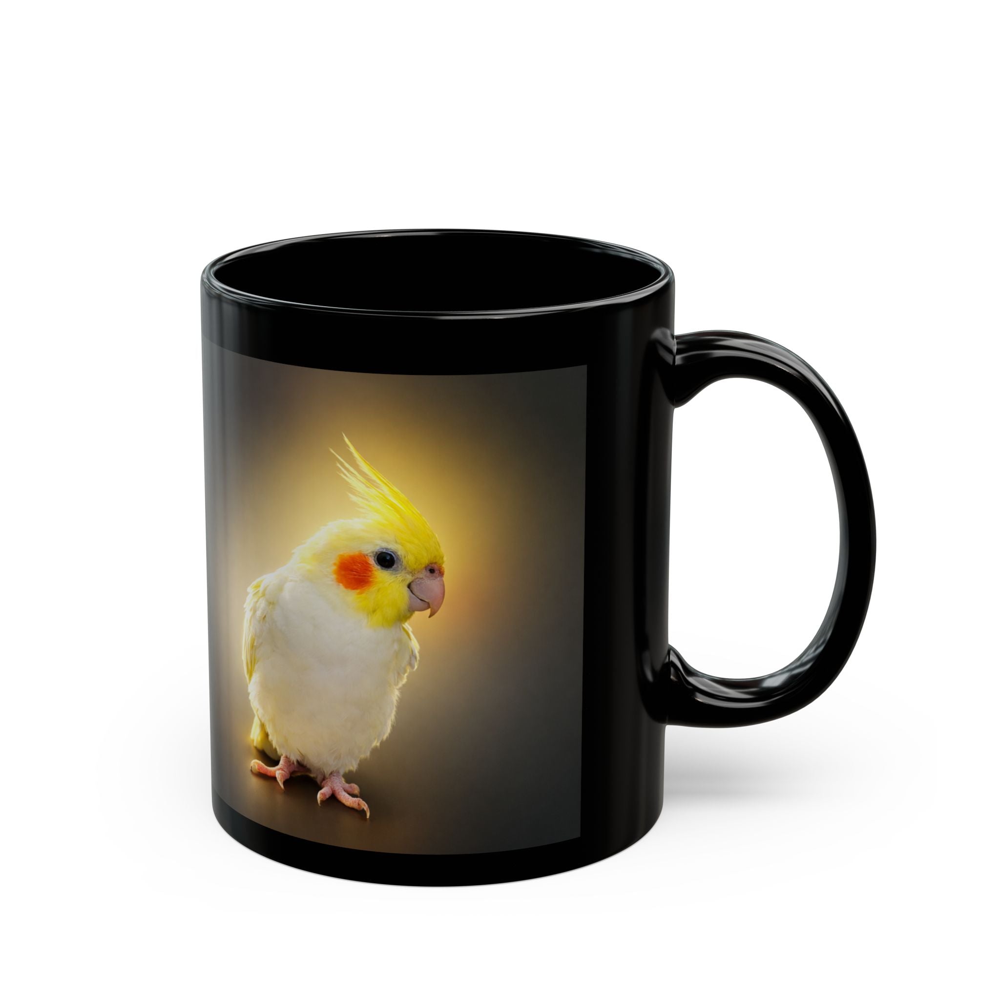 Yellow Cockatiel Illustration Black Mug | Cockatiel Coffee Cup