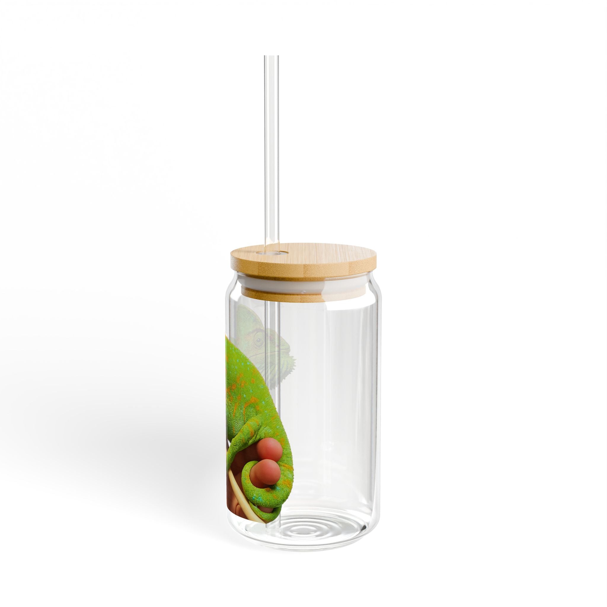 Green Chameleon Sipper Glass 16oz | Clear Tumbler with Bamboo Lid