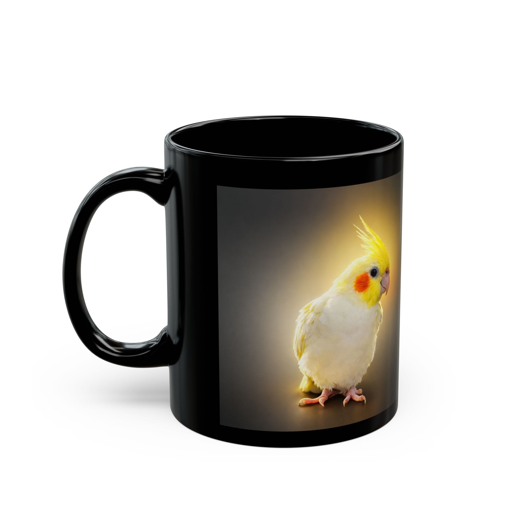 Yellow Cockatiel Illustration Black Mug | Cockatiel Coffee Cup