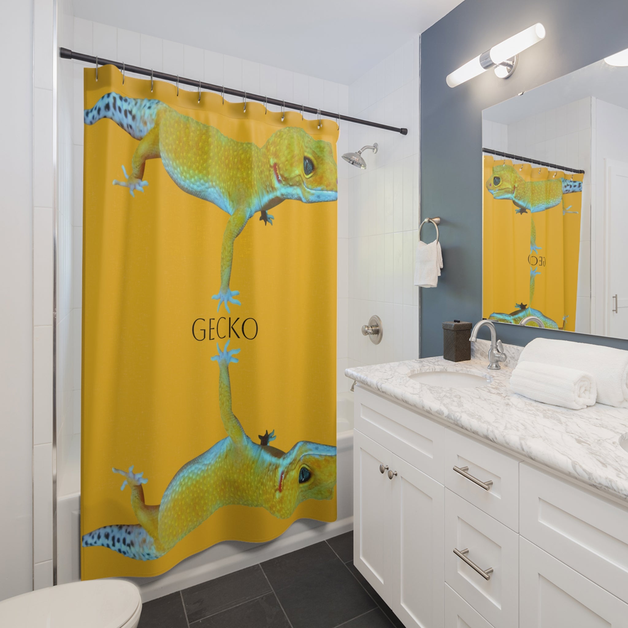 Gecko Yellow Shower Curtain | Tropical Lizard Bathroom Decor