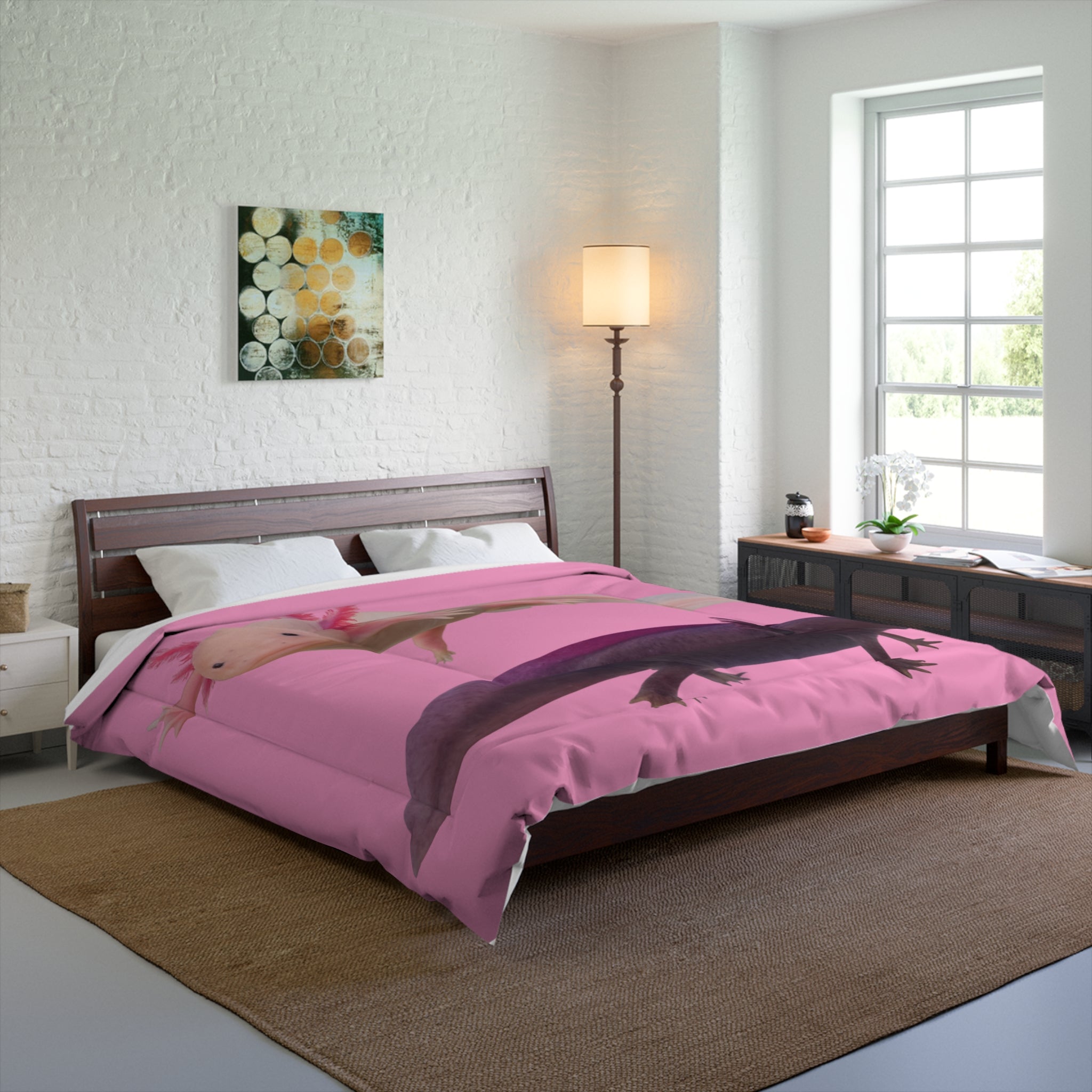 Pink Axolotl Print Comforter | Cute Amphibian Bedroom Decor