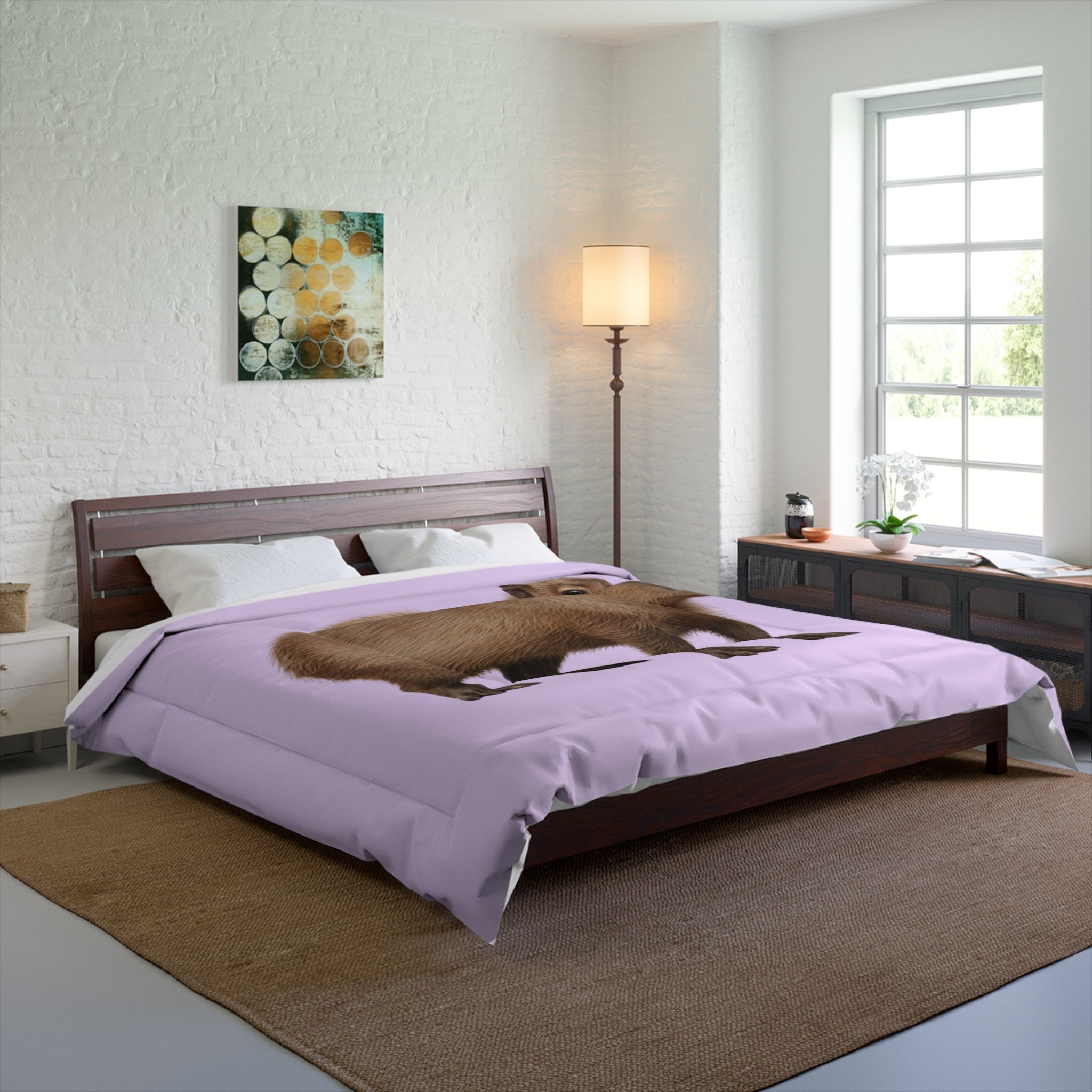 Capybara Pink Comforter | Cute Animal Bedding, Lavender Background
