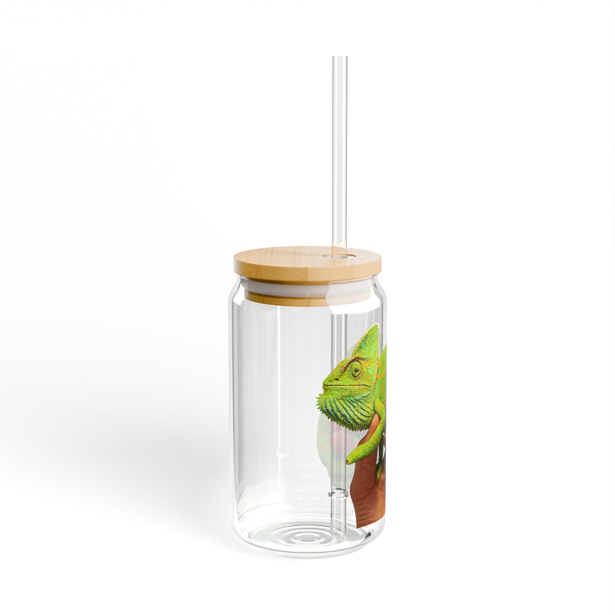 Green Chameleon Sipper Glass 16oz | Clear Tumbler with Bamboo Lid