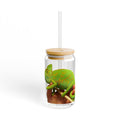 Green Chameleon Sipper Glass 16oz | Clear Tumbler with Bamboo Lid