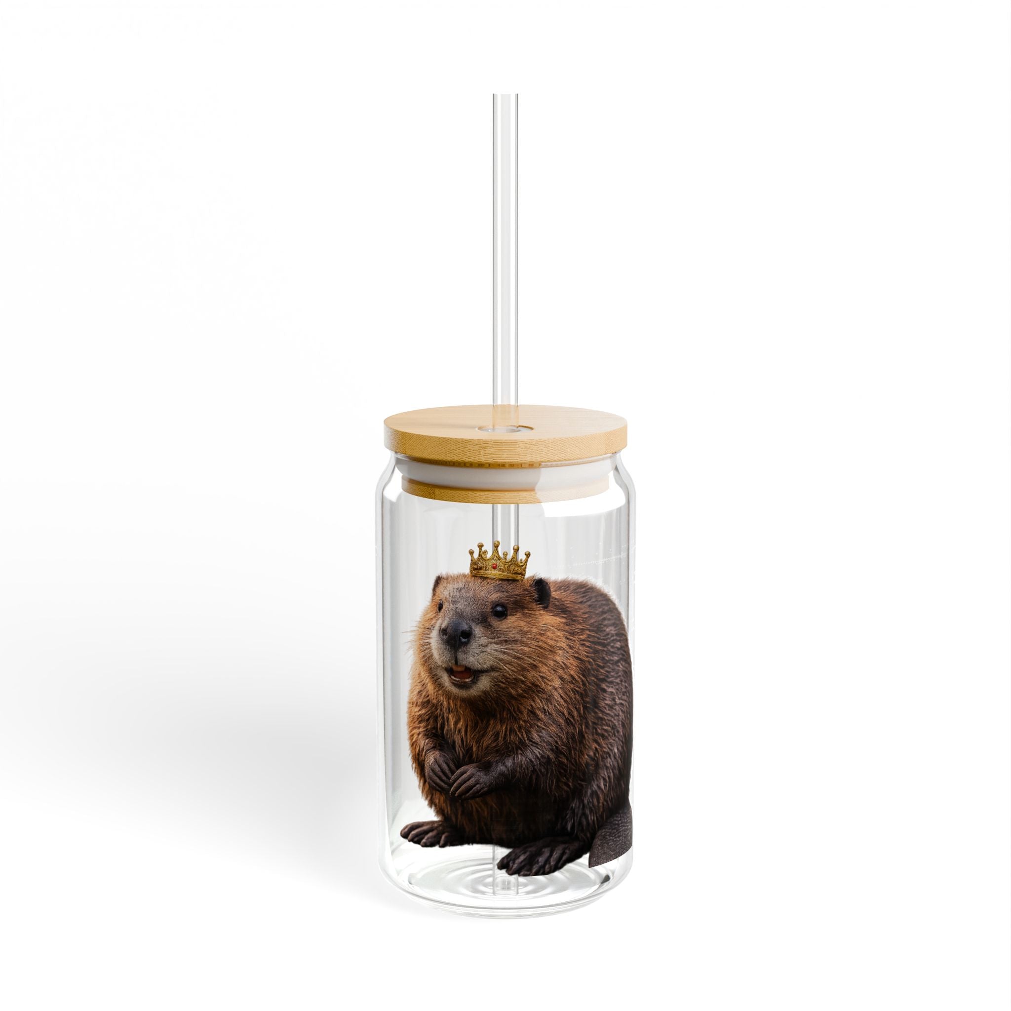Crowned Beaver Sipper Glass 16oz | Clear Tumbler with Straw