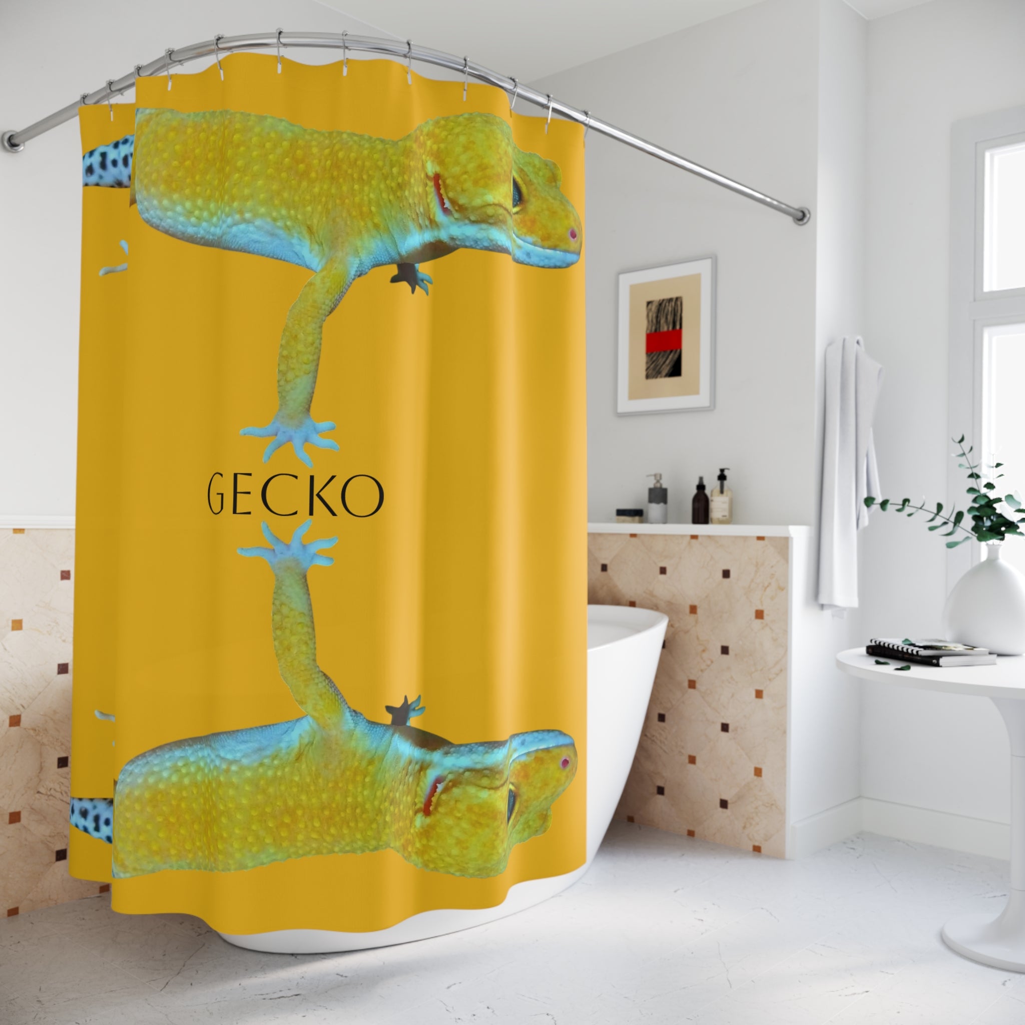 Gecko Yellow Shower Curtain | Tropical Lizard Bathroom Decor