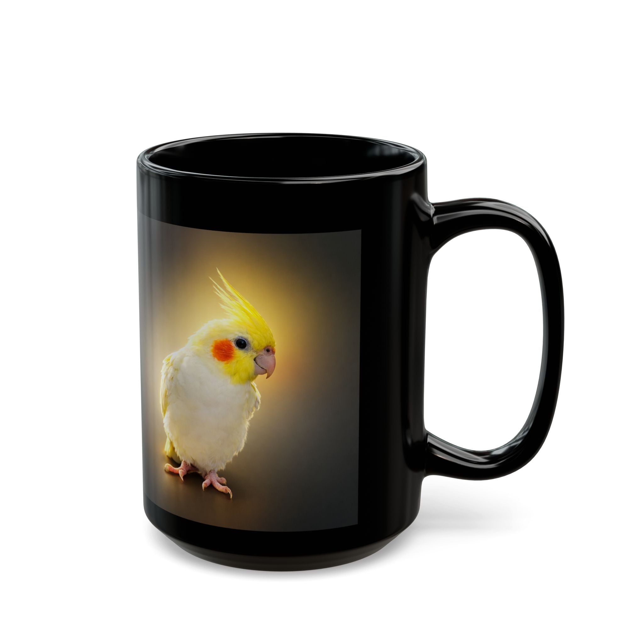 Yellow Cockatiel Illustration Black Mug | Cockatiel Coffee Cup