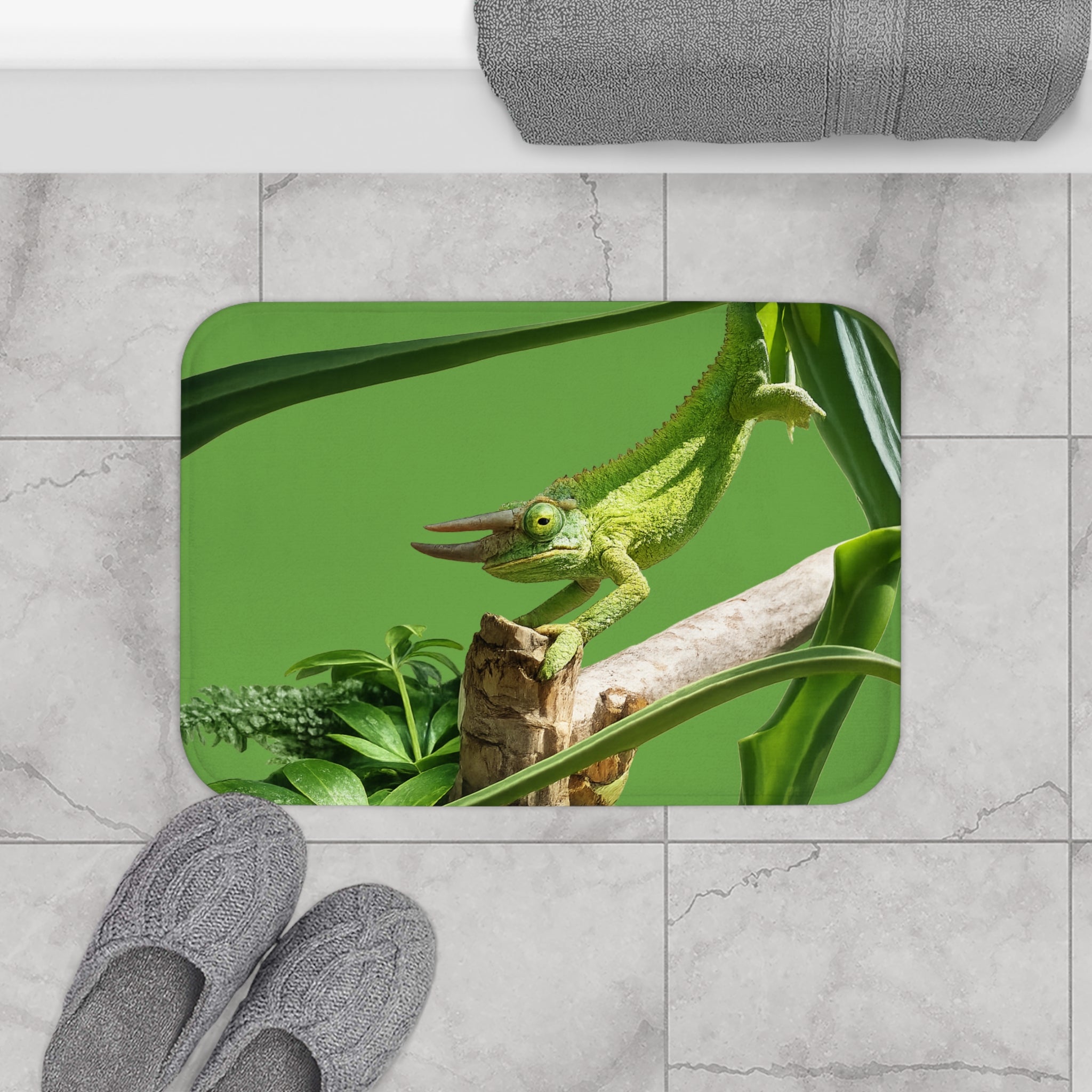 Chameleon on Branch Bath Mat | Green Reptile Nature Print