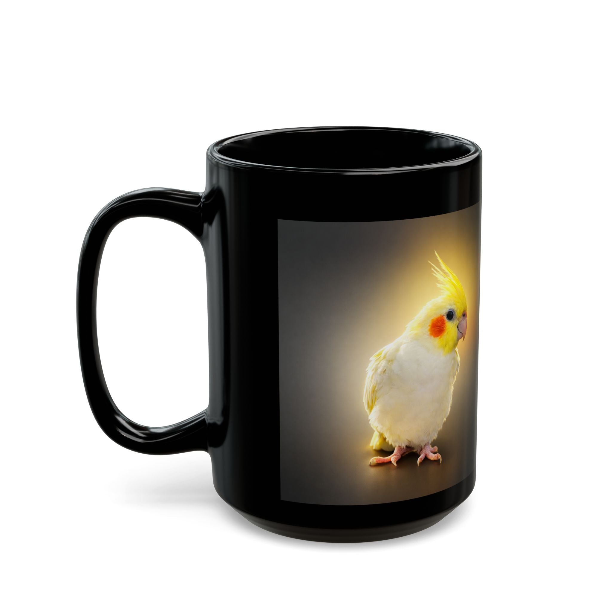 Yellow Cockatiel Illustration Black Mug | Cockatiel Coffee Cup